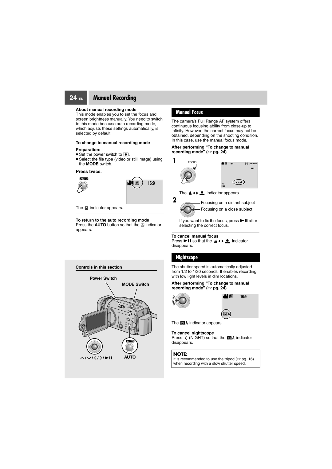 JVC GZ-MG505EK manual Manual Recording, Manual Focus, Nightscope, Press twice, 169 