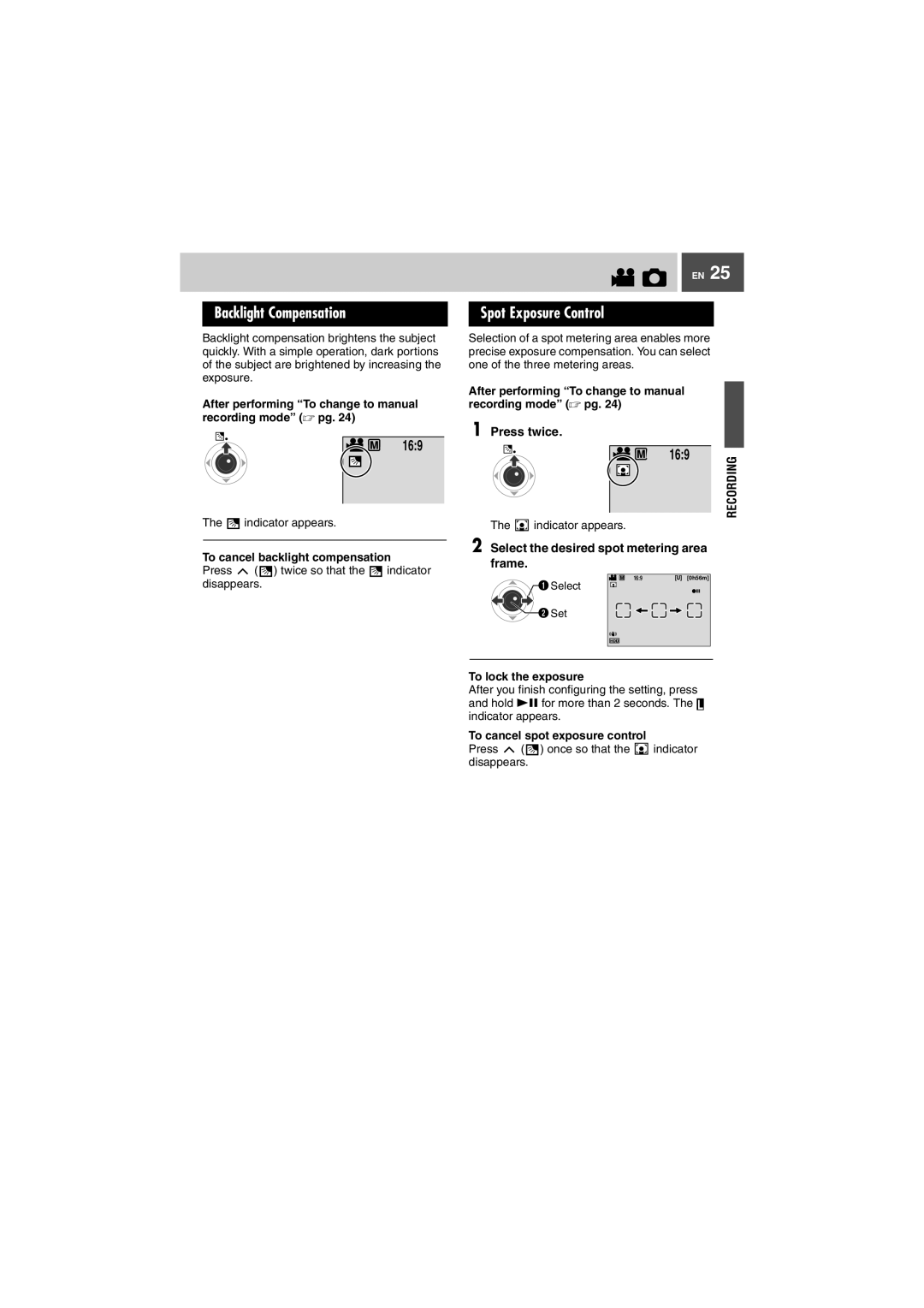 JVC GZ-MG505EK manual Backlight Compensation Spot Exposure Control, Frame 