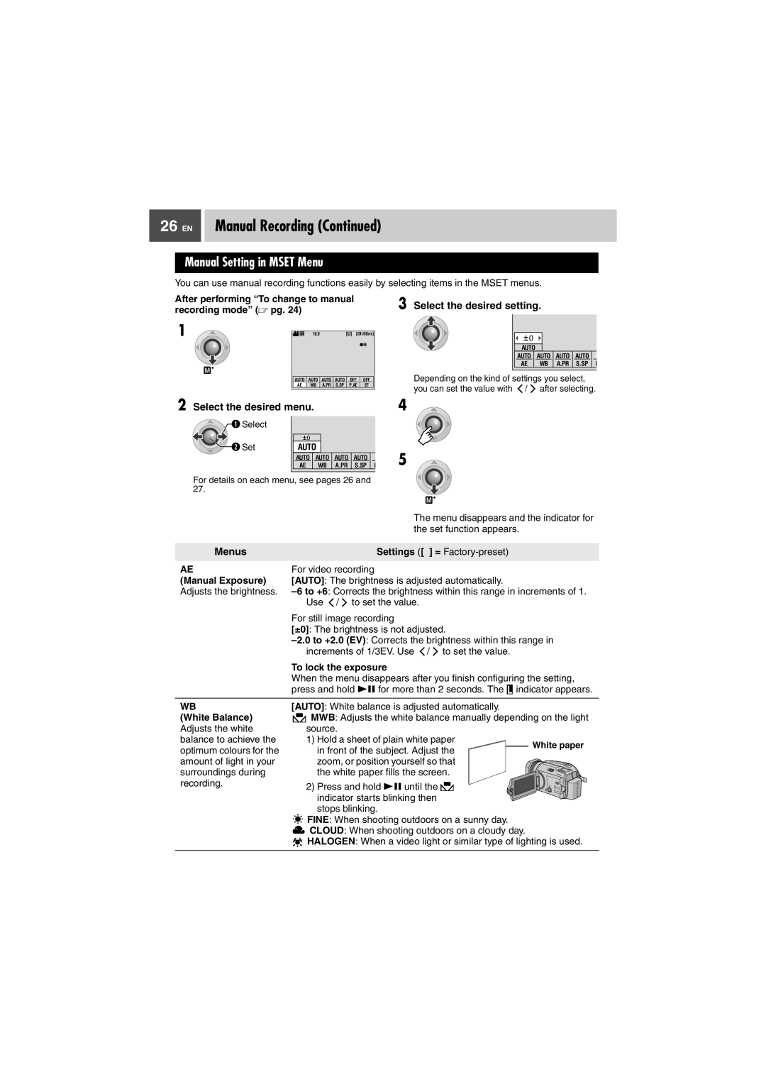 JVC GZ-MG505EK manual EN Manual Recording, Manual Setting in Mset Menu, Select the desired setting, Menus 