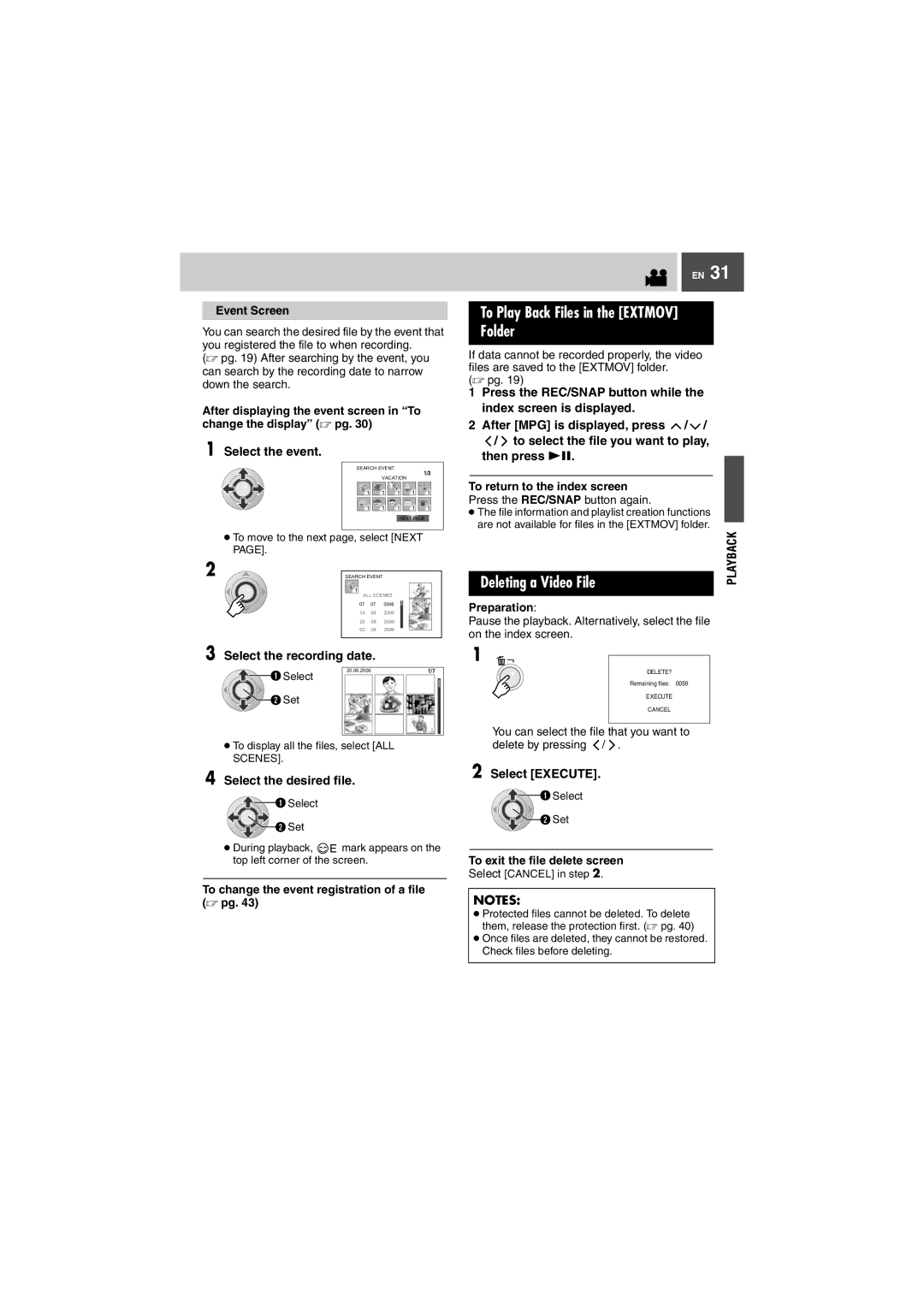 JVC GZ-MG505EK manual To Play Back Files in the Extmov Folder, Deleting a Video File, Select the event 