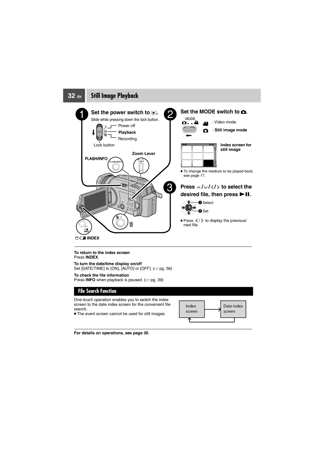 JVC GZ-MG505E EN Still Image Playback, Still image, To turn the date/time display on/off, For details on operations, see 