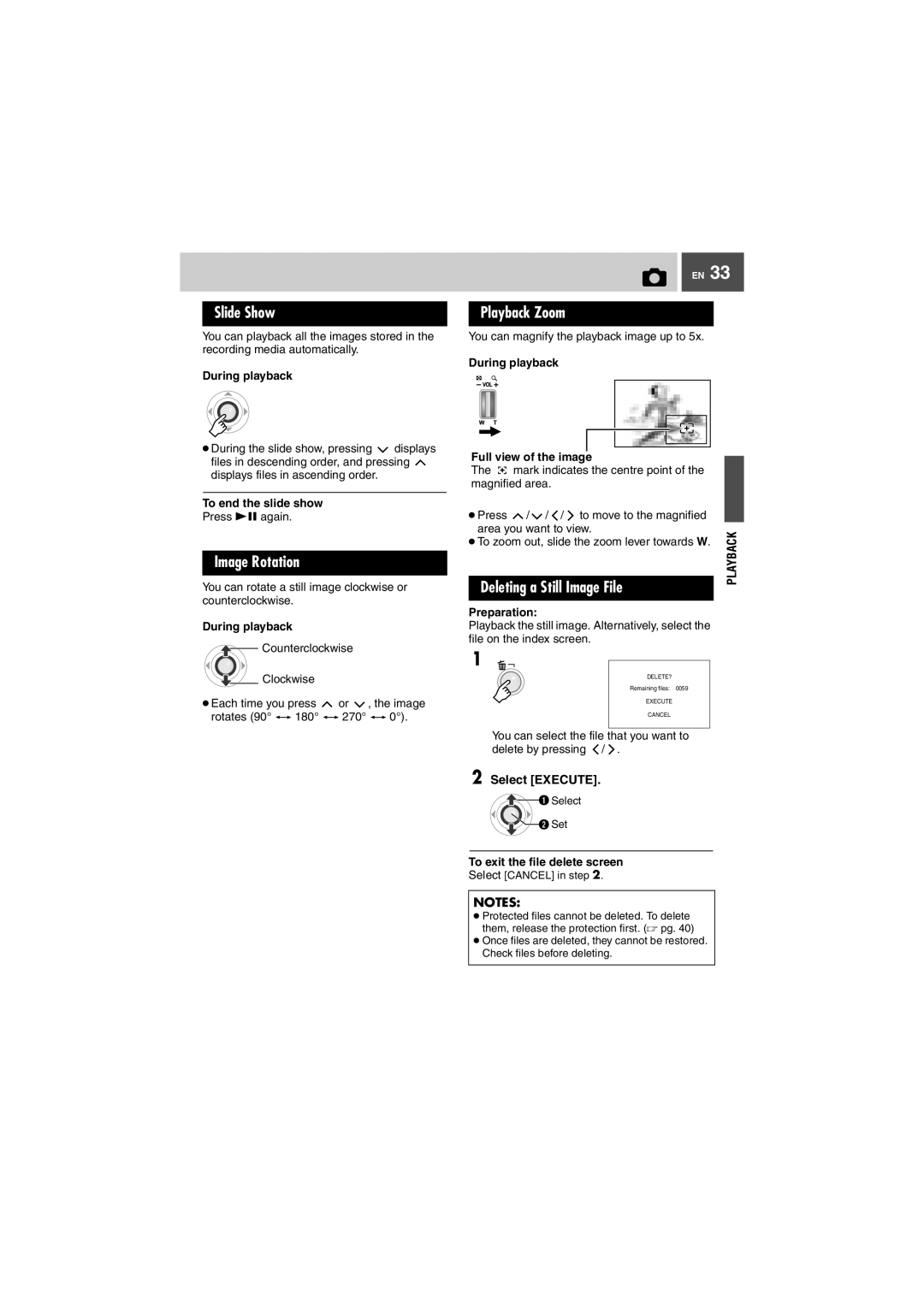 JVC GZ-MG505EK manual Slide Show, Image Rotation, Playback Zoom, Deleting a Still Image File 