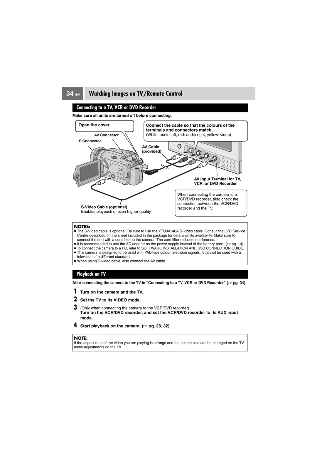 JVC GZ-MG505EK manual EN Watching Images on TV/Remote Control, Connecting to a TV, VCR or DVD Recorder, Playback on TV 