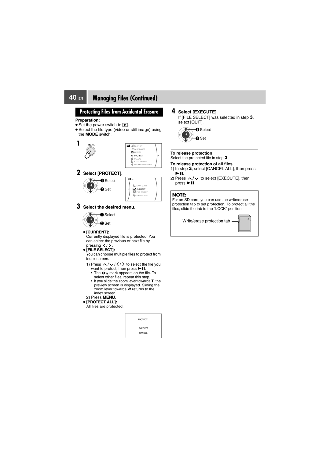 JVC GZ-MG505EK manual Select Protect, If File Select was selected in , select Quit, To release protection 