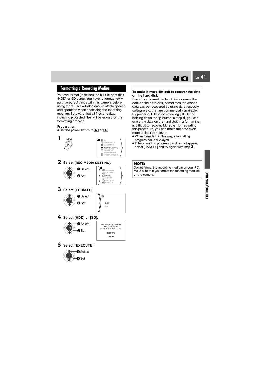 JVC GZ-MG505EK manual Formatting a Recording Medium, Select Format, Select HDD or SD, Select REC Media Setting 