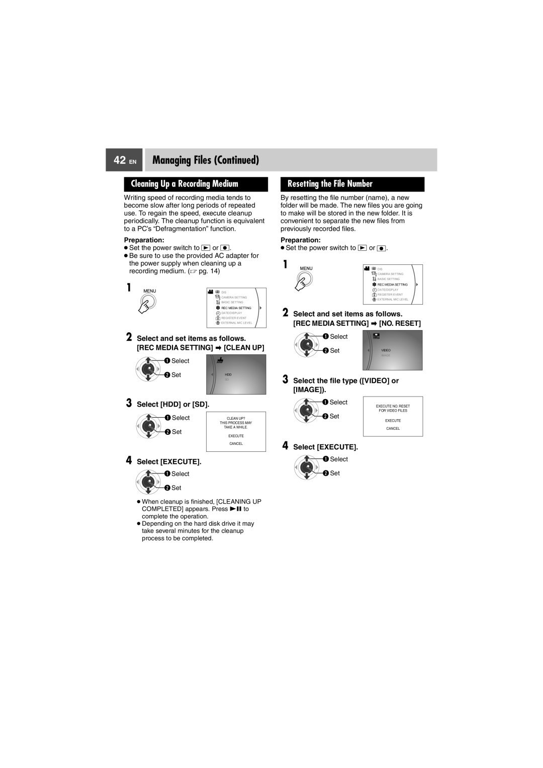 JVC GZ-MG505EK manual Cleaning Up a Recording Medium, Resetting the File Number, Select and set items as follows 