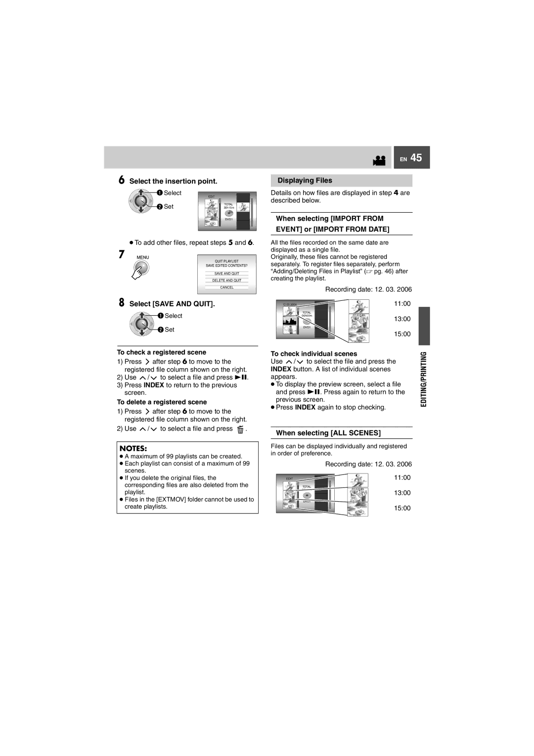 JVC GZ-MG505EK manual Select the insertion point, Displaying Files, When selecting Import from Event or Import from Date 