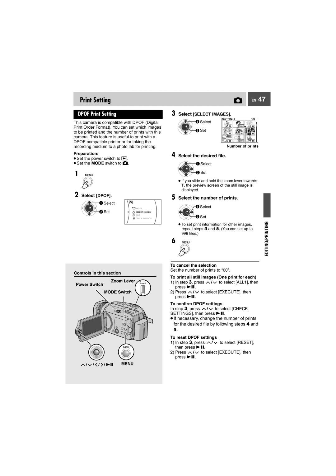 JVC GZ-MG505EK manual Dpof Print Setting, Select Dpof, Select the number of prints 