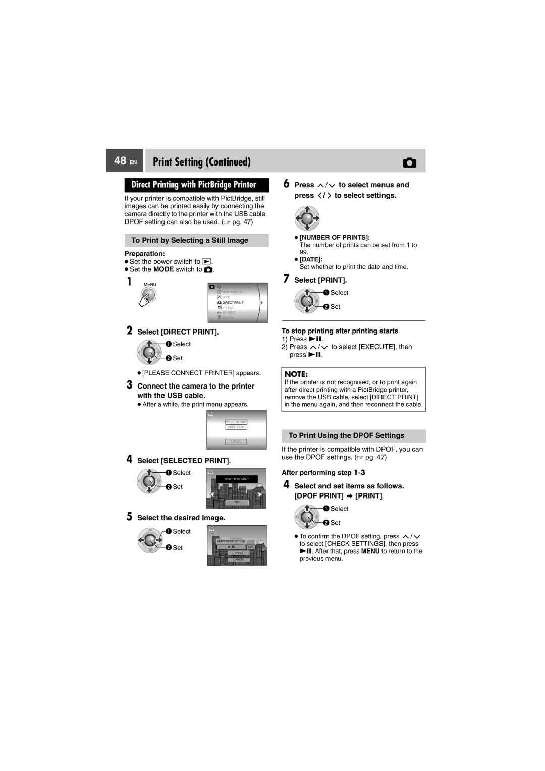 JVC GZ-MG505E To Print by Selecting a Still Image, Select Direct Print, Select Selected Print, Select the desired Image 