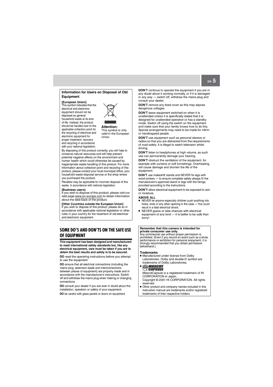 JVC GZ-MG505EK manual Information for Users on Disposal of Old Equipment, European Union, Trademarks 