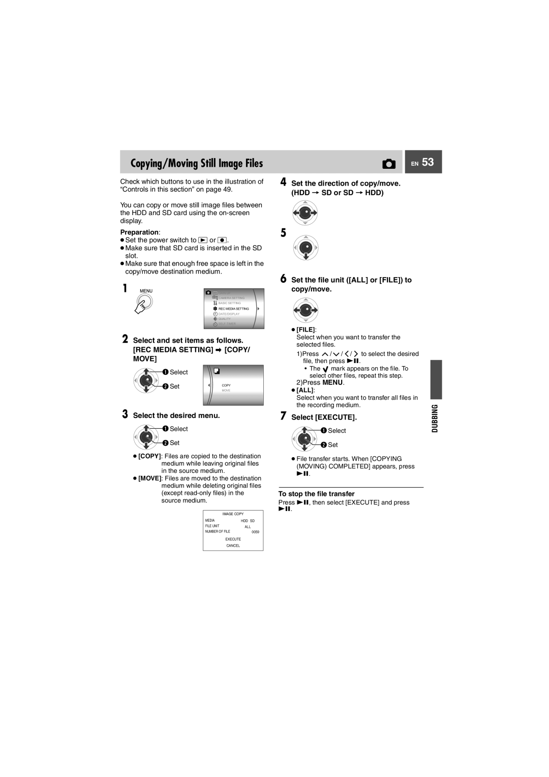 JVC GZ-MG505EK Set the file unit ALL or File to copy/move, Set the direction of copy/move. HDD SD or SD HDD, 2Press Menu 