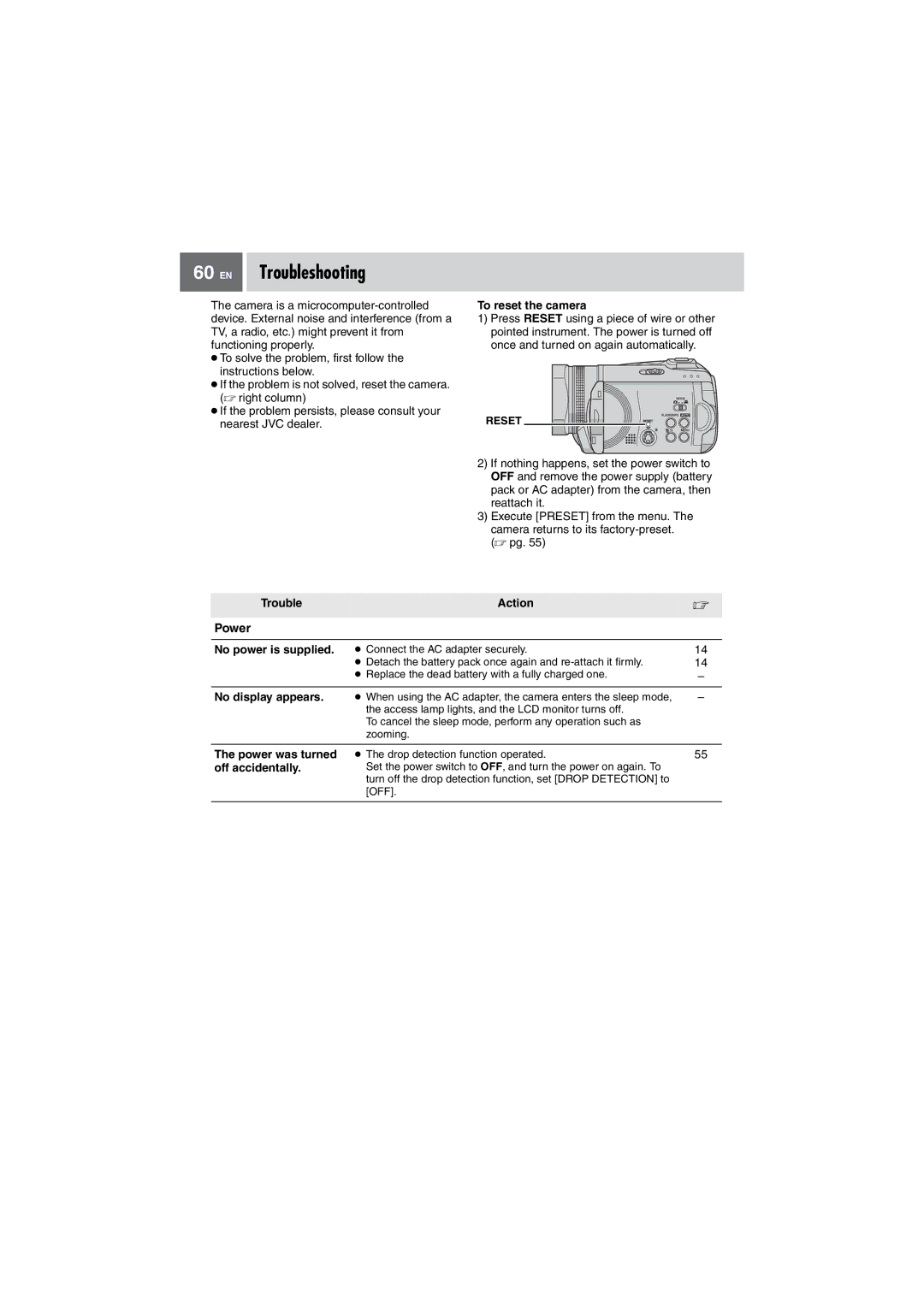 JVC GZ-MG505EK manual EN Troubleshooting, Power 