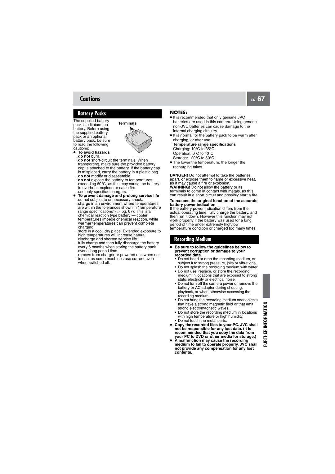 JVC GZ-MG505EK manual Battery Packs, Recording Medium, To avoid hazards, To prevent damage and prolong service life 