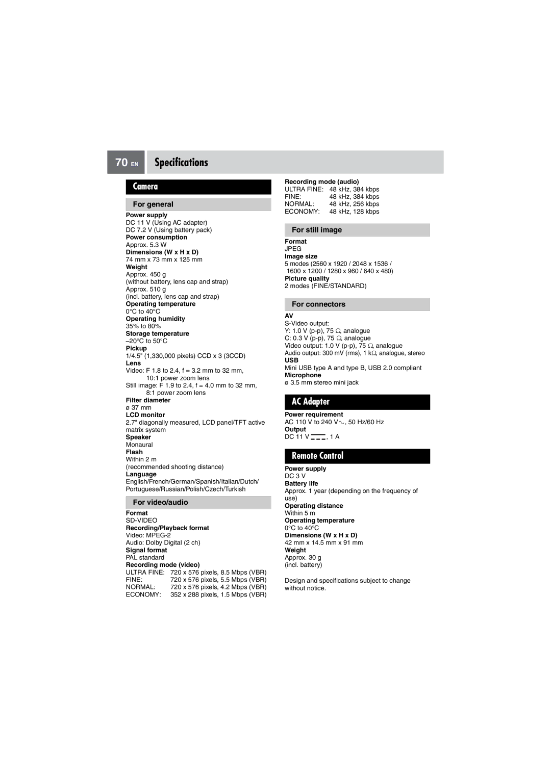 JVC GZ-MG505EK manual EN Specifications, Camera, AC Adapter, Remote Control 