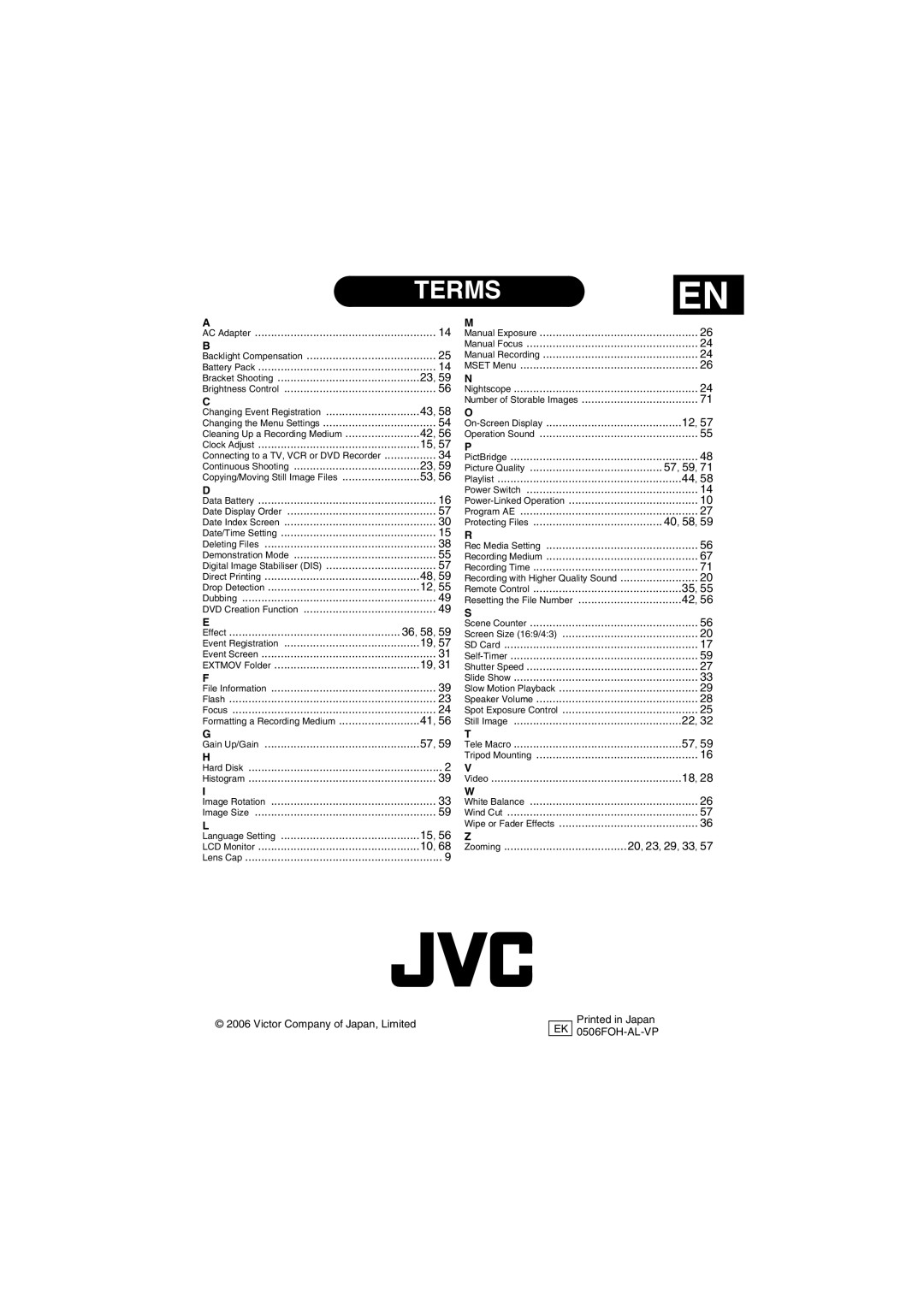 JVC GZ-MG505EK manual 57, 59, 40, 58 