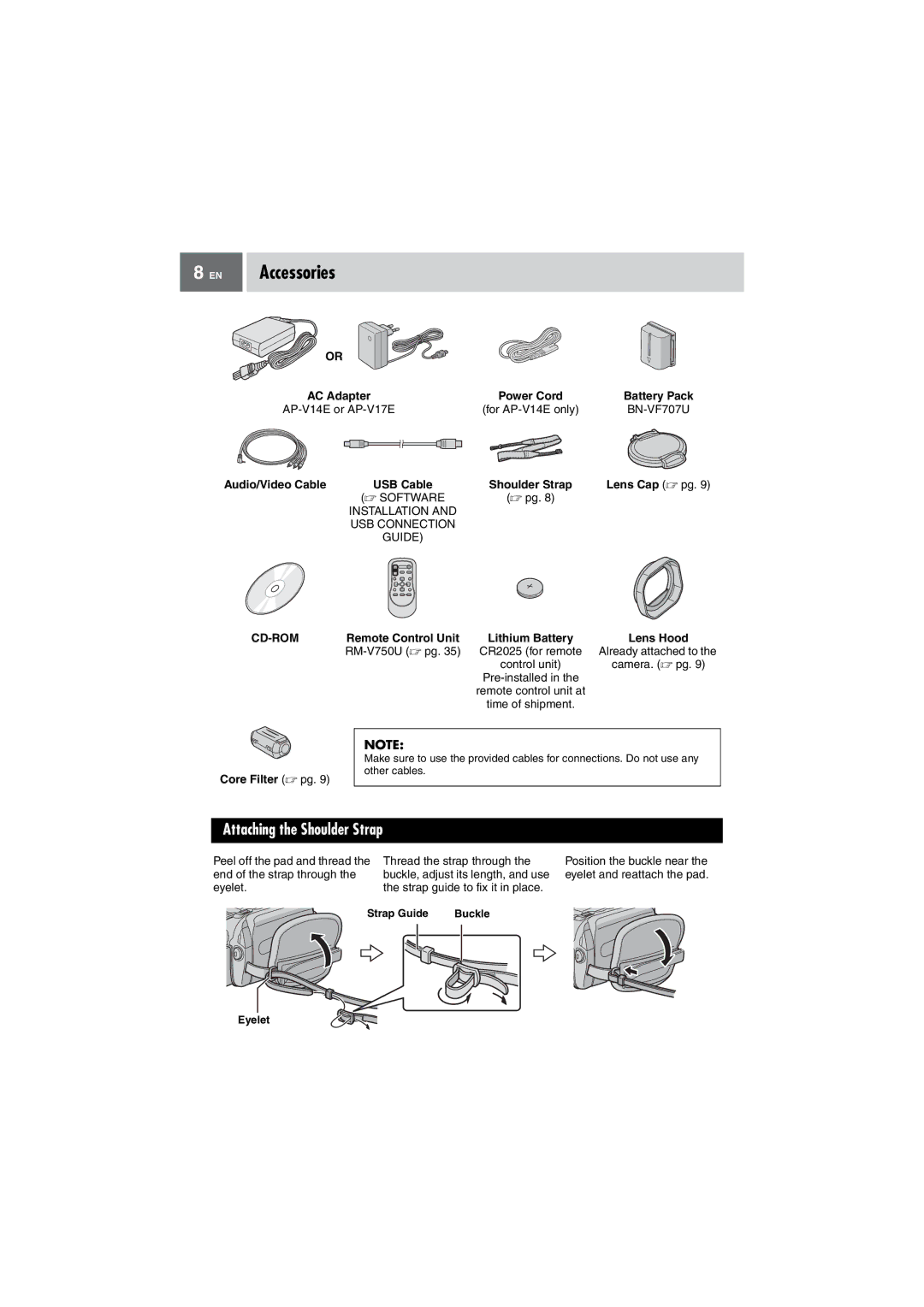 JVC GZ-MG505EK manual EN Accessories, Attaching the Shoulder Strap, Cd-Rom 