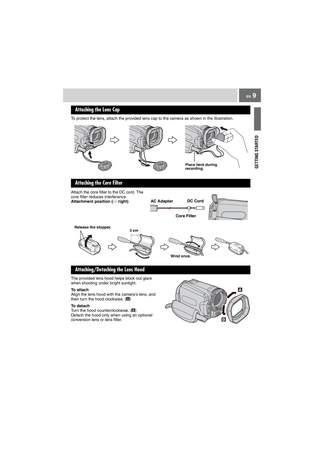 JVC GZ-MG505EK manual Attaching the Lens Cap, Attaching the Core Filter, Attaching/Detaching the Lens Hood 
