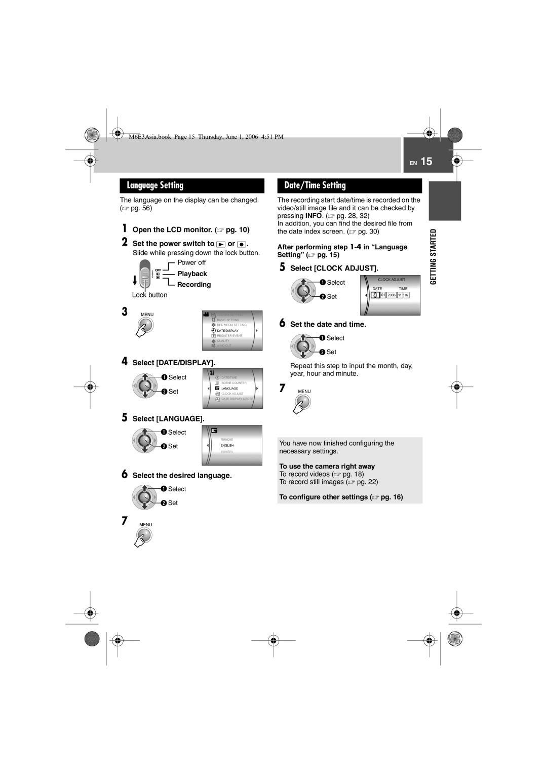 JVC GZ-MG57AG/AH/AS manual Language Setting, Date/Time Setting, Select the desired language, Select Clock Adjust 