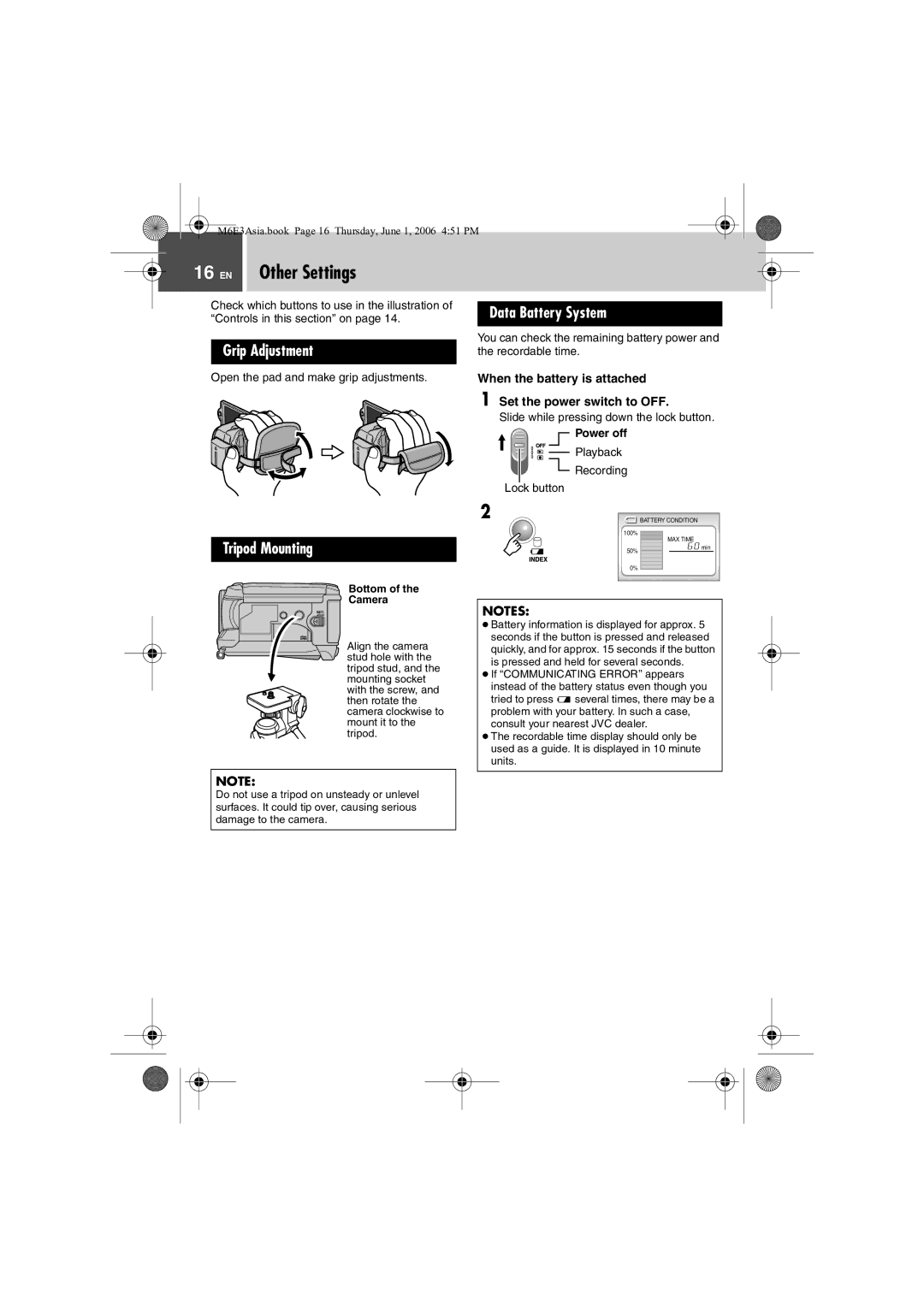 JVC GZ-MG57AG/AH/AS manual EN Other Settings, Grip Adjustment, Data Battery System, Tripod Mounting 