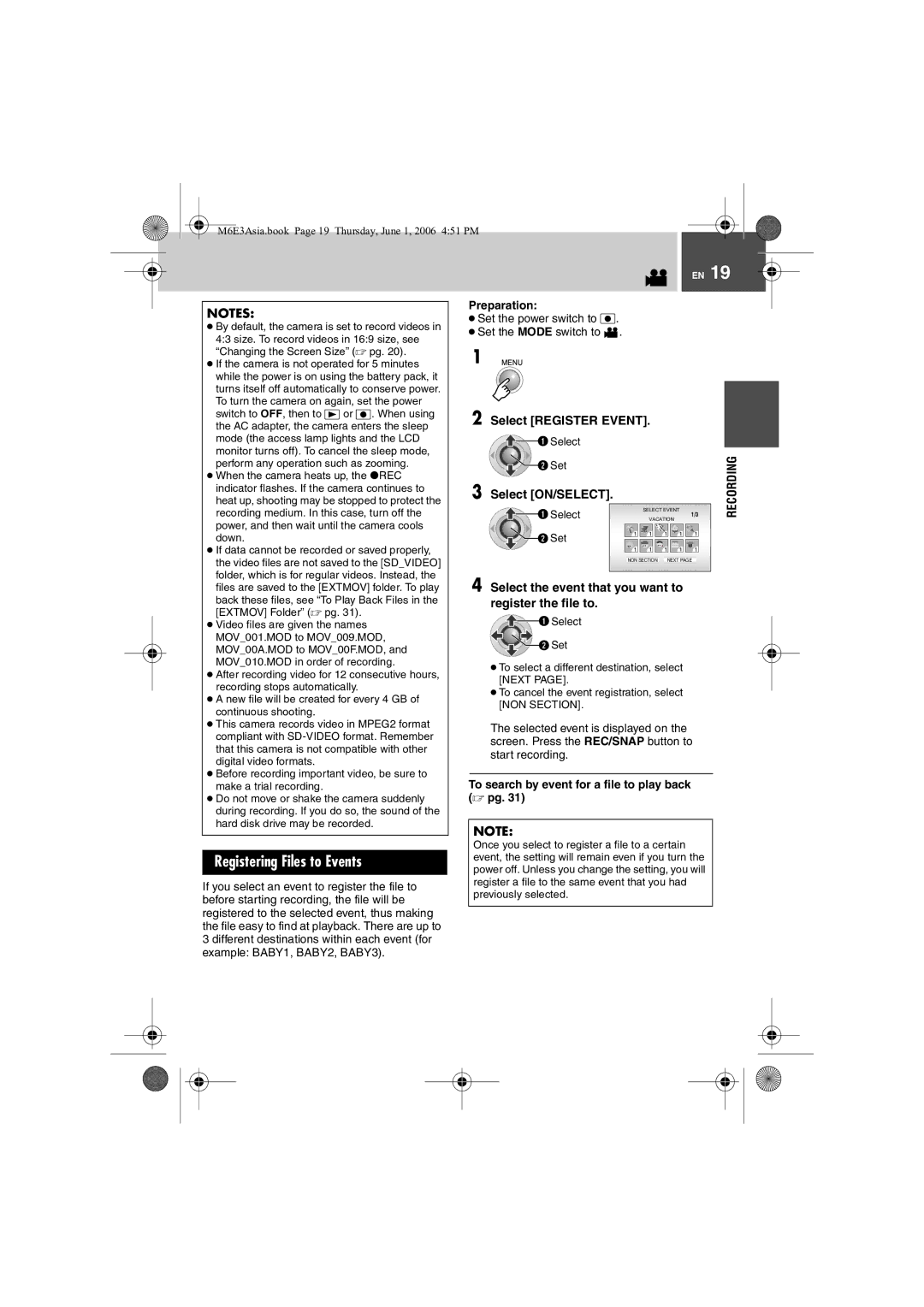 JVC GZ-MG57AG/AH/AS manual Registering Files to Events, Select Register Event, Select ON/SELECT 