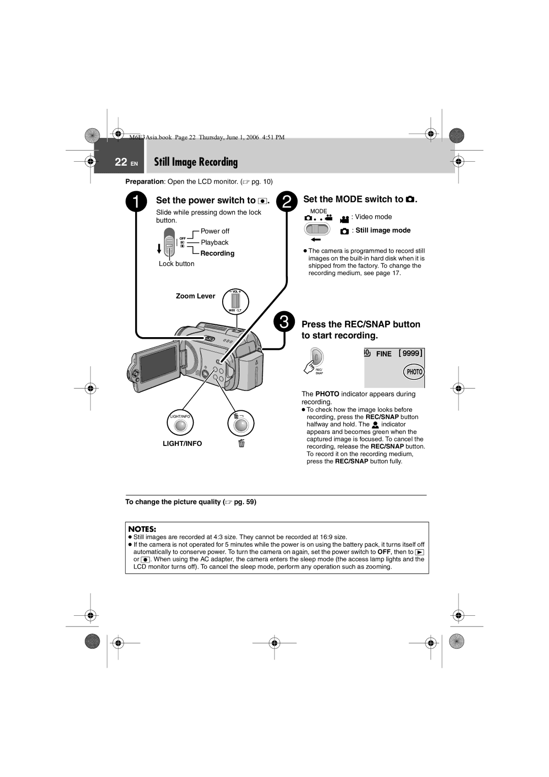 JVC GZ-MG57AG/AH/AS manual EN Still Image Recording, Still image mode, Fine Photo, To change the picture quality  pg 