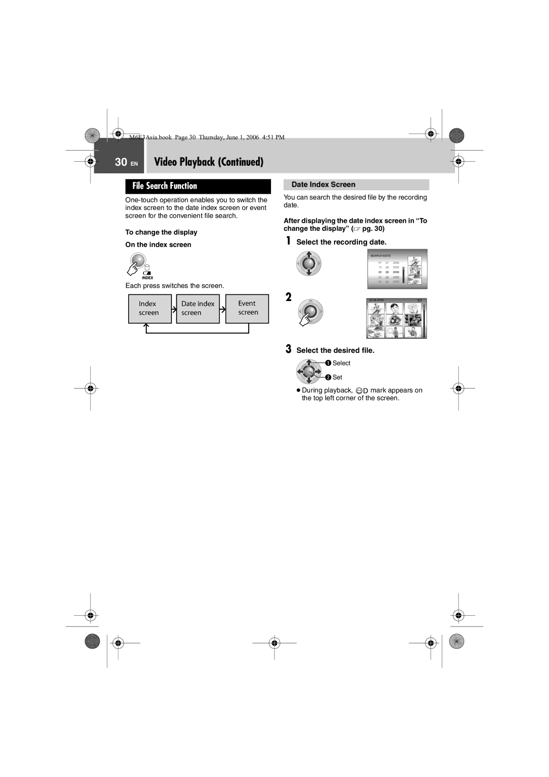 JVC GZ-MG57AG/AH/AS manual File Search Function, Select the recording date, Select the desired file, Date Index Screen 