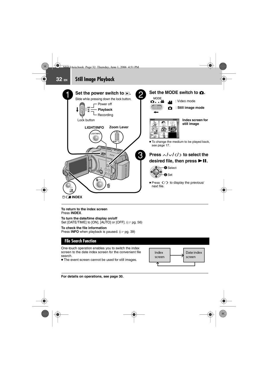 JVC GZ-MG57AG/AH/AS EN Still Image Playback, Still image, LIGHT/INFO Zoom Lever, To turn the date/time display on/off 