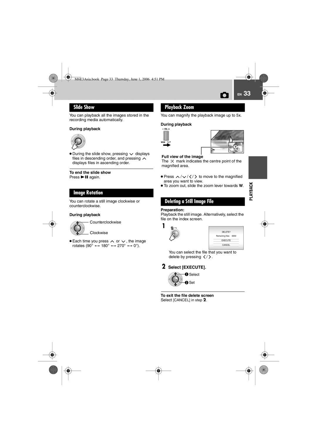 JVC GZ-MG57AG/AH/AS manual Slide Show, Image Rotation, Playback Zoom, Deleting a Still Image File 