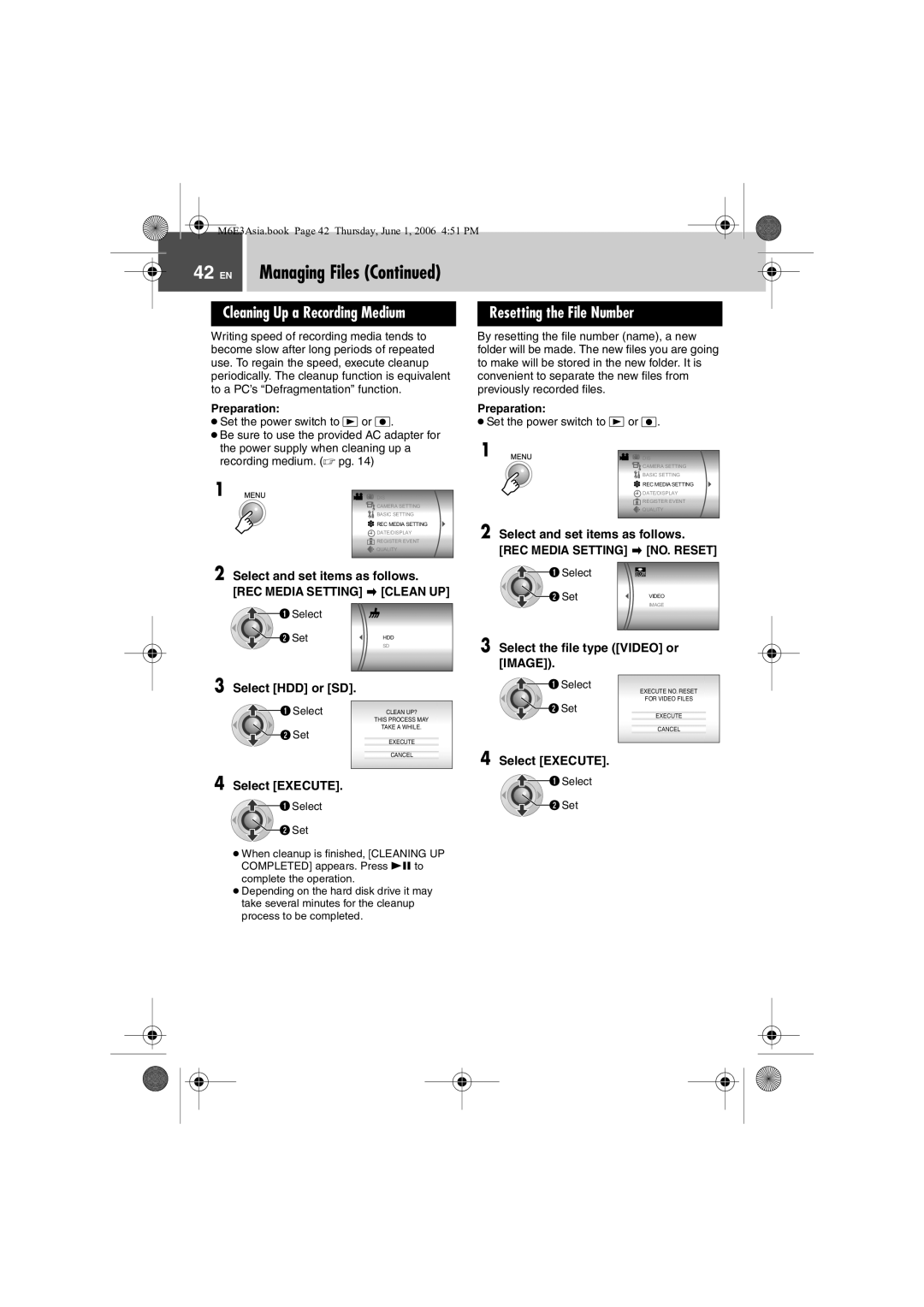 JVC GZ-MG57AG/AH/AS manual Resetting the File Number, Select and set items as follows, Select the file type Video or Image 