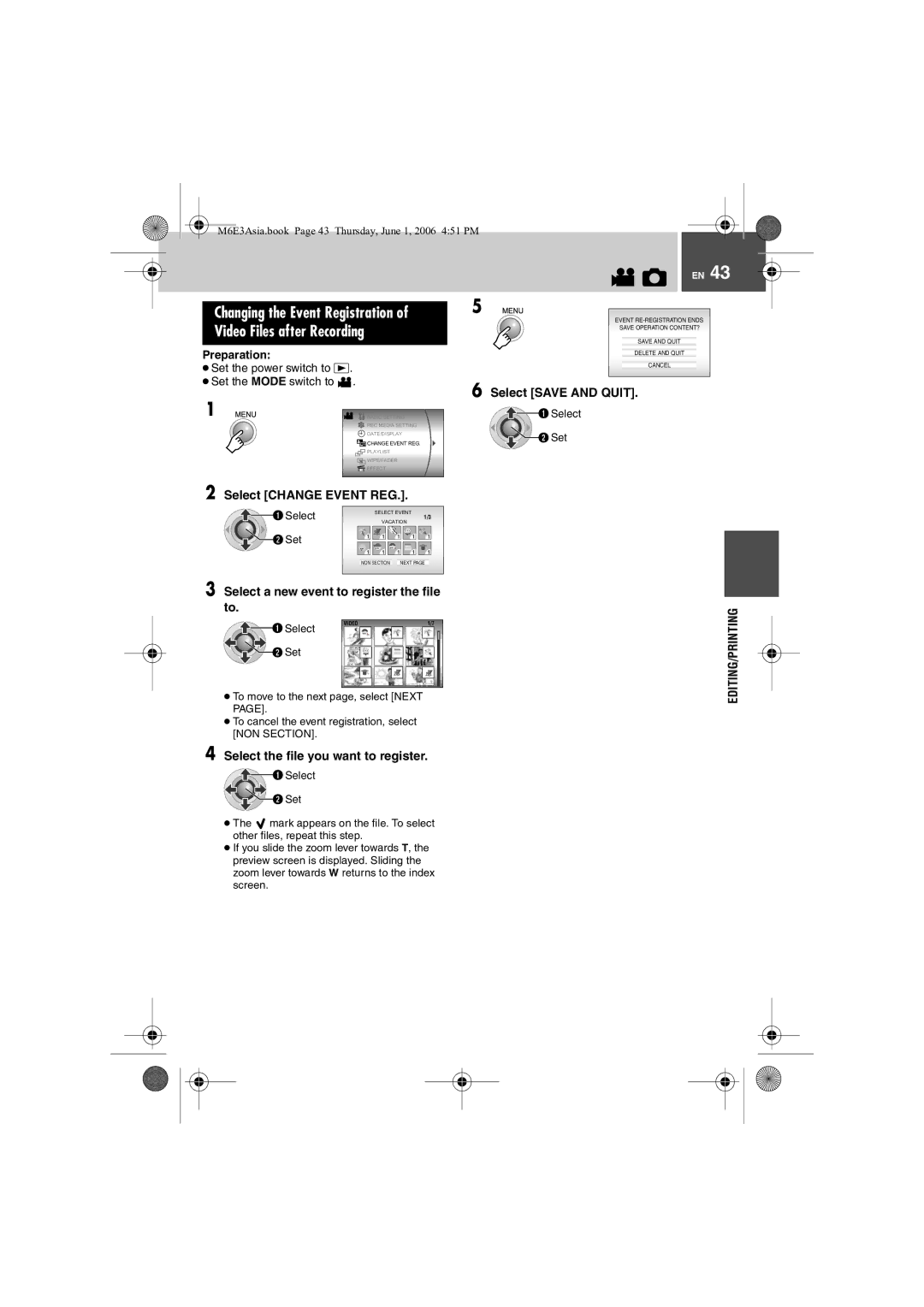 JVC GZ-MG57AG/AH/AS manual Select Save and Quit, Select Change Event REG, Select a new event to register the file to 