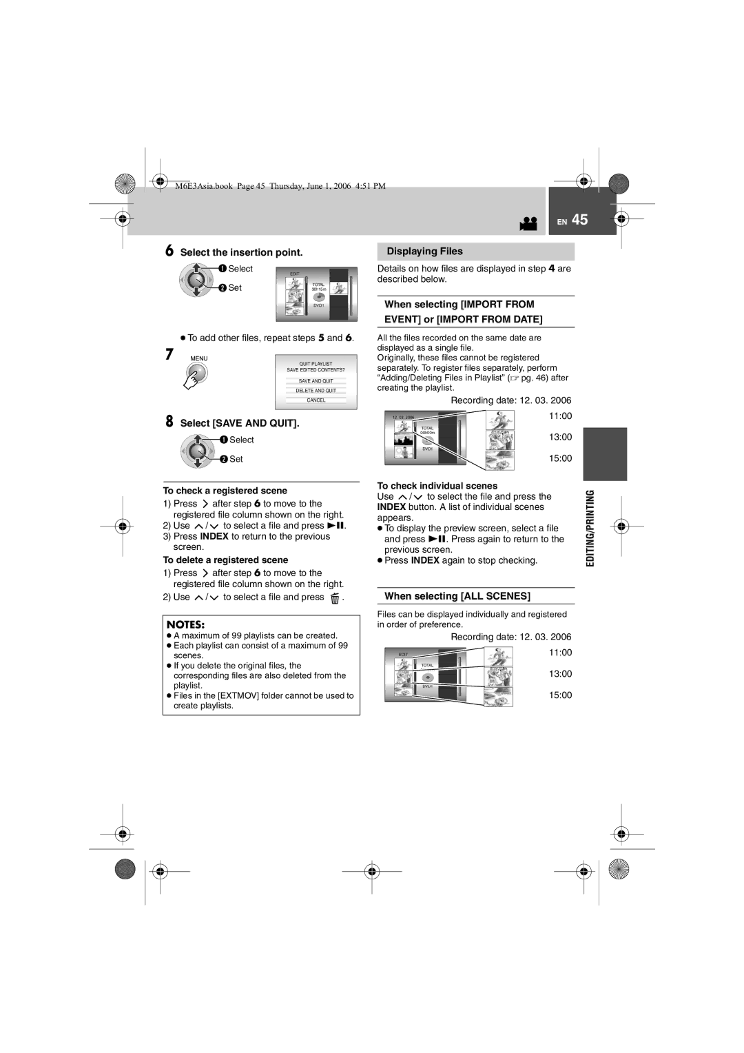 JVC GZ-MG57AG/AH/AS manual Select the insertion point, Select Save and Quit Displaying Files, When selecting ALL Scenes 