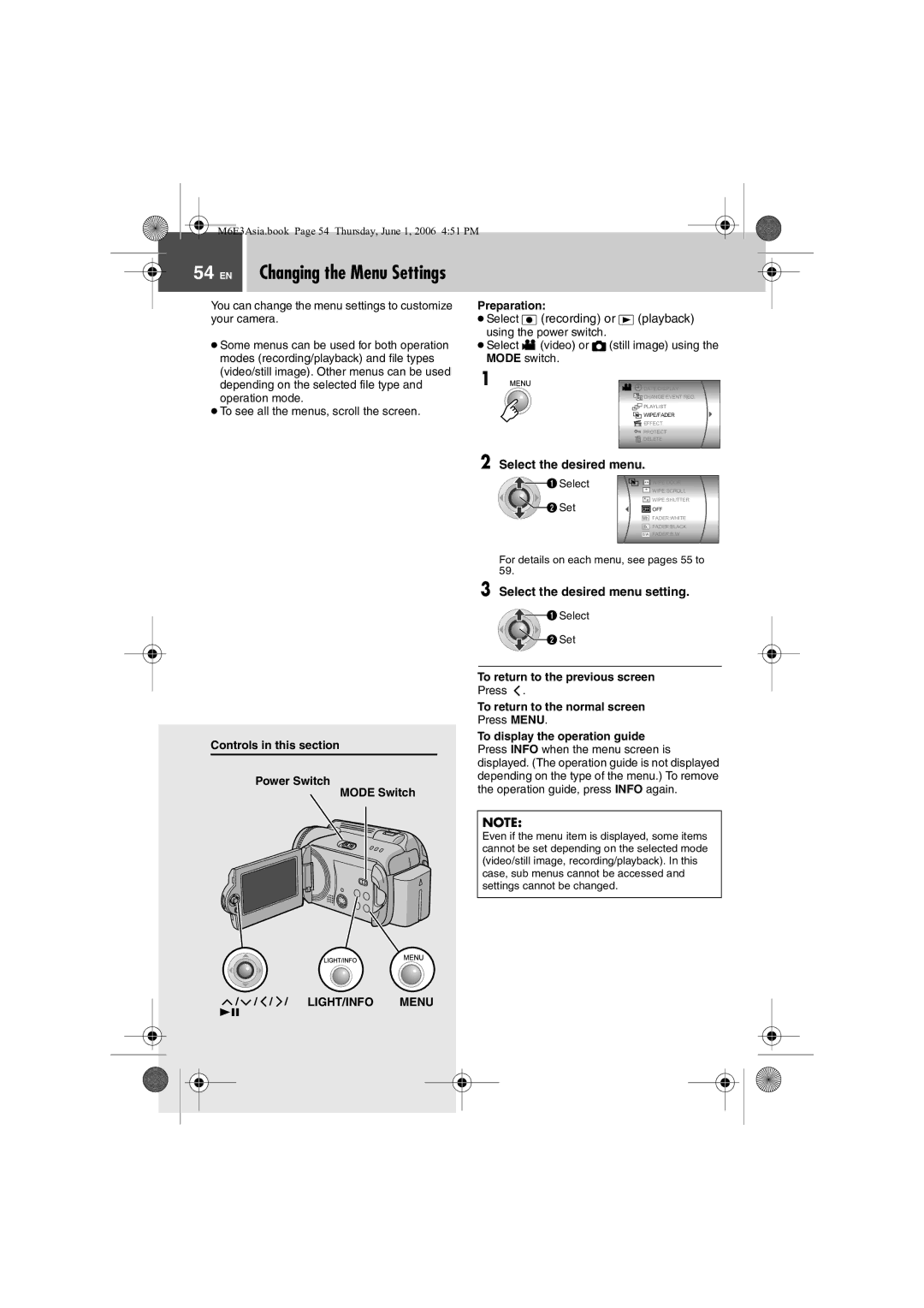 JVC GZ-MG57AG/AH/AS manual EN Changing the Menu Settings, Select the desired menu setting, To return to the previous screen 