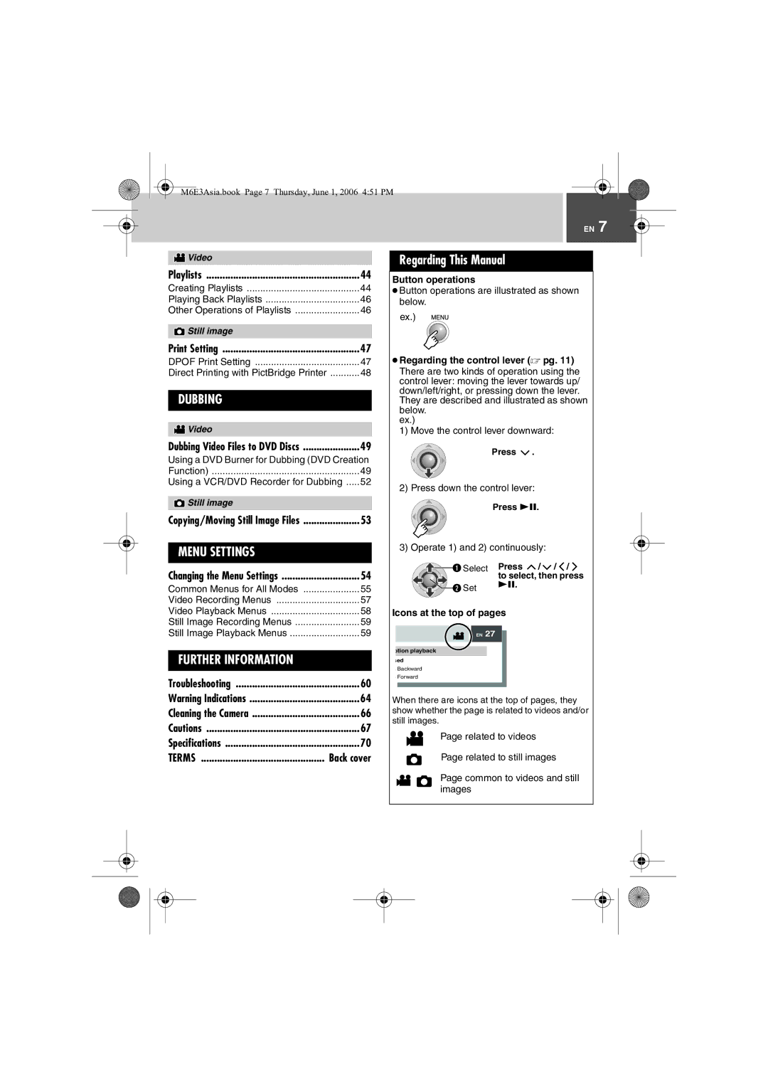 JVC GZ-MG57AG/AH/AS Regarding This Manual, Button operations, Regarding the control lever  pg, Icons at the top of pages 