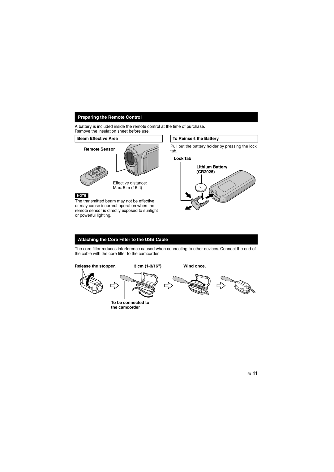 JVC GZ-MG680 Preparing the Remote Control, Attaching the Core Filter to the USB Cable, Beam Effective Area Remote Sensor 