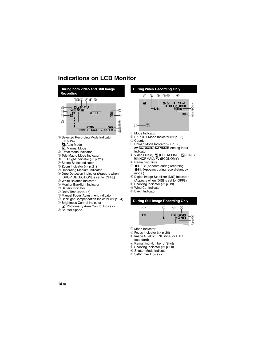 JVC GZ-MG650, GZ-MG680 Indications on LCD Monitor, During Still Image Recording Only, Self-Timer Indicator 