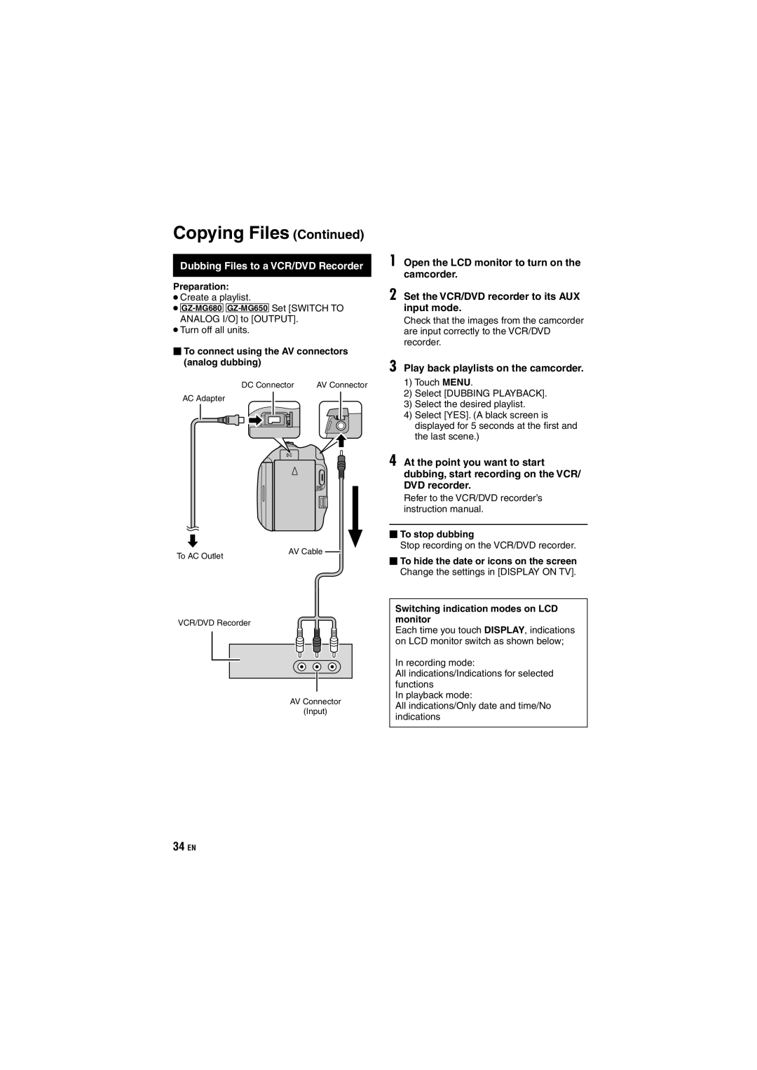 JVC GZ-MG650 Dubbing Files to a VCR/DVD Recorder, Create a playlist, To connect using the AV connectors analog dubbing 