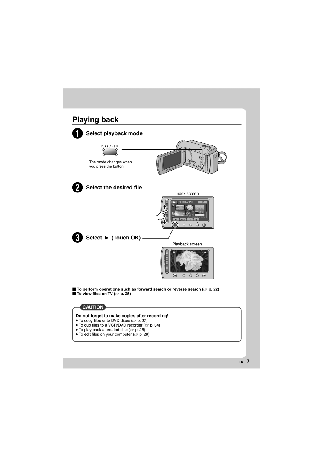 JVC GZ-MG680, GZ-MG650 Playing back, Do not forget to make copies after recording, Index screen Playback screen 