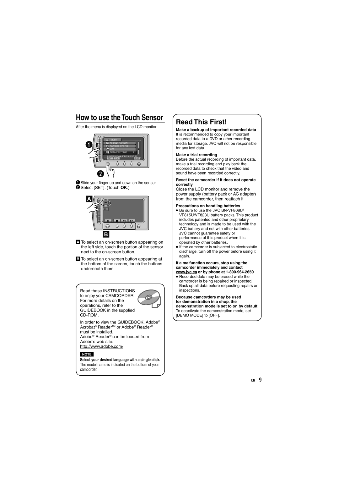 JVC GZ-MG680, GZ-MG650 Reset the camcorder if it does not operate correctly, Precautions on handling batteries 