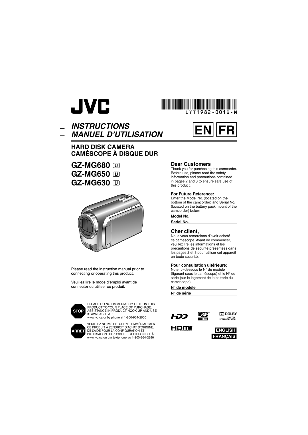 JVC GZ-MG680 manuel dutilisation Hard Disk Camera Caméscope À Disque Dur, En Fr, Instructions Manuel D’Utilisation 