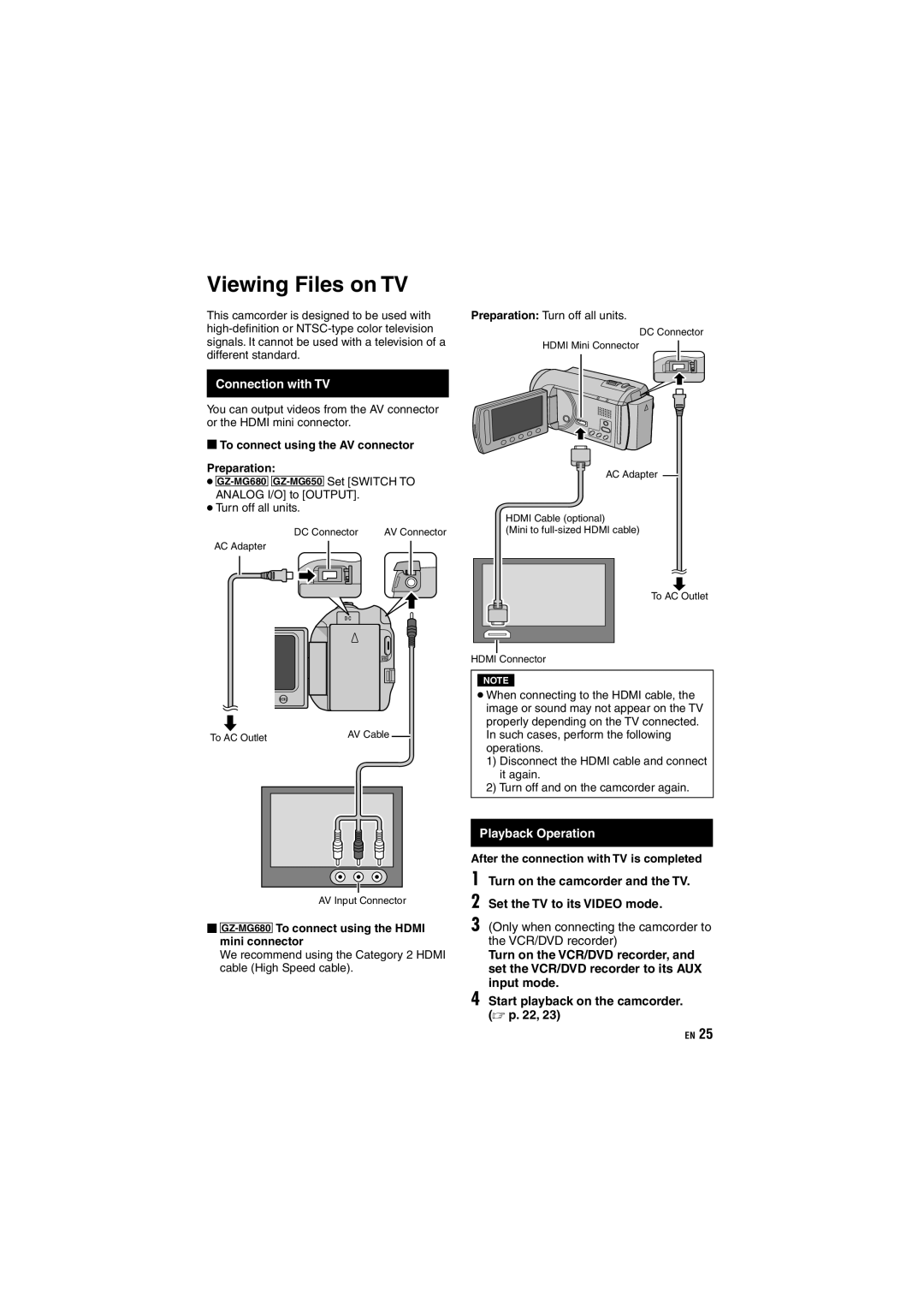 JVC GZ-MG680, GZ-MG650 Viewing Files on TV, Connection with TV, Playback Operation, Start playback on the camcorder. p. 22 