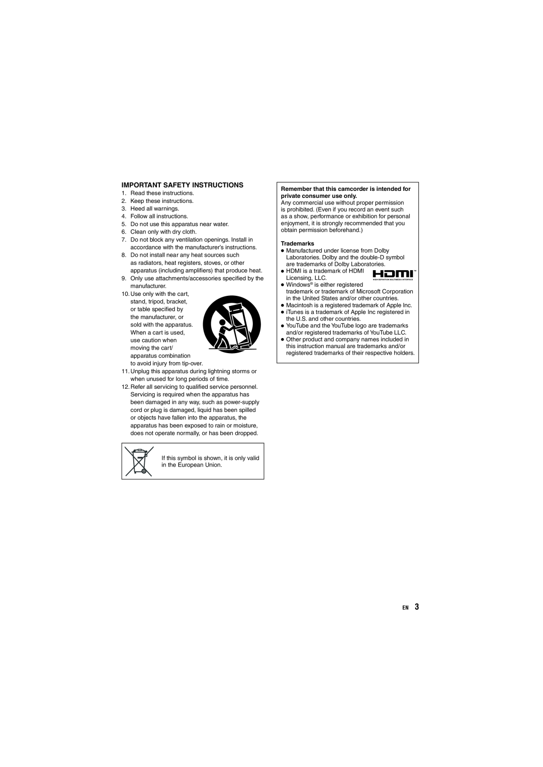JVC GZ-MG680, GZ-MG650 manuel dutilisation Important Safety Instructions, Trademarks 