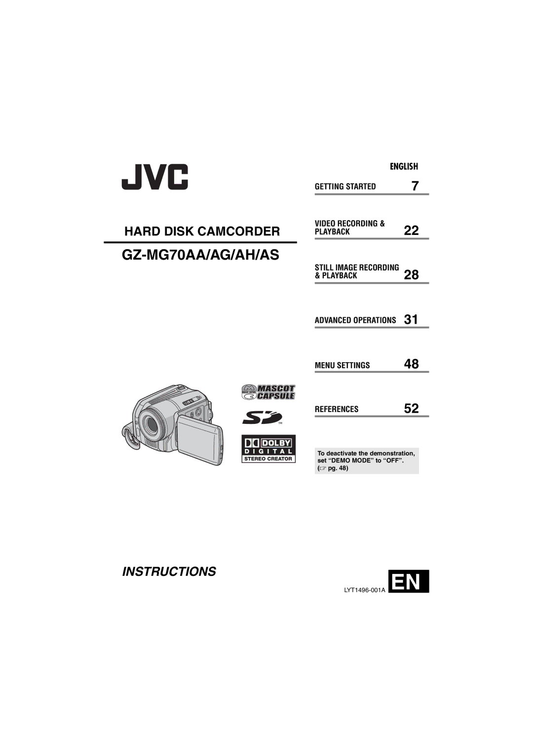 JVC GZ-MG70AS, GZ-MG70AH, GZ-MG70AG, LYT1496-001A manual GZ-MG70AA/AG/AH/AS 