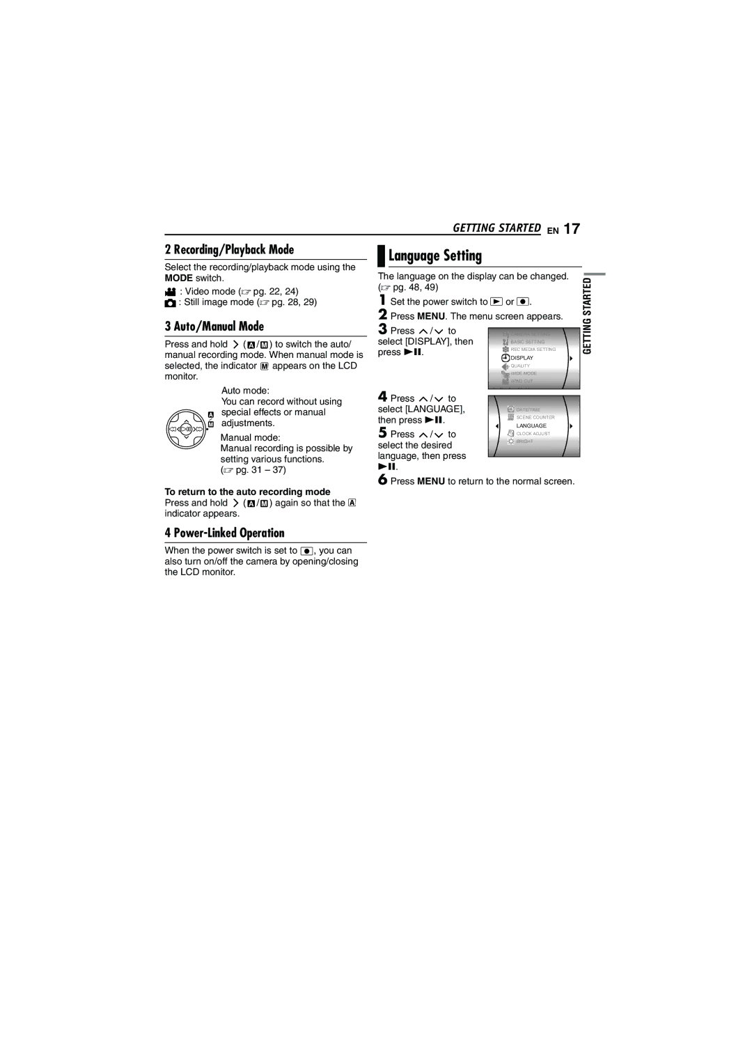 JVC GZ-MG70AH, GZ-MG70AS, GZ-MG70AA, GZ-MG70AG manual Recording/Playback Mode, Power-Linked Operation, Language Setting 