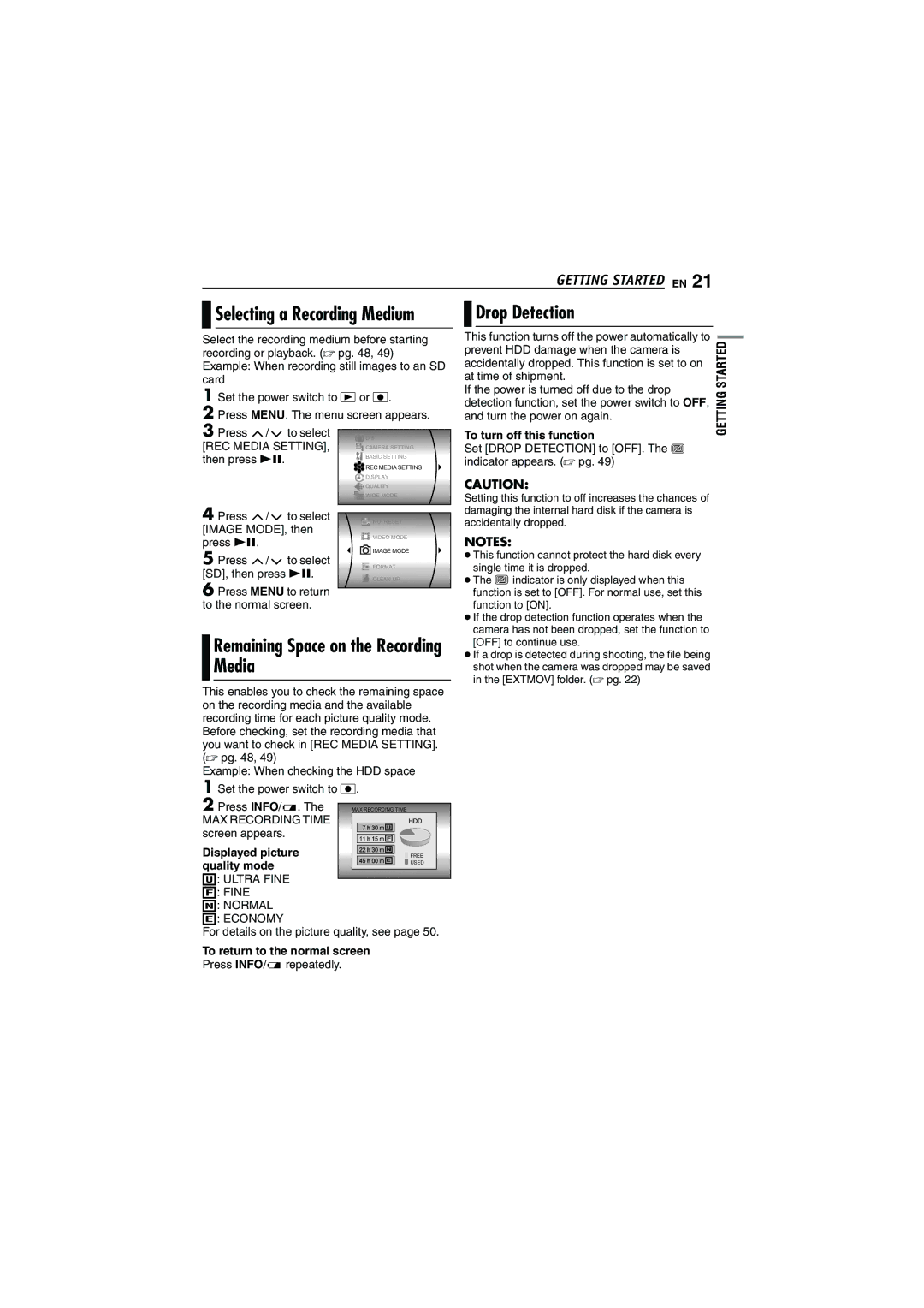 JVC GZ-MG70AA, GZ-MG70AS, GZ-MG70AH Drop Detection, Remaining Space on the Recording Media, Selecting a Recording Medium 