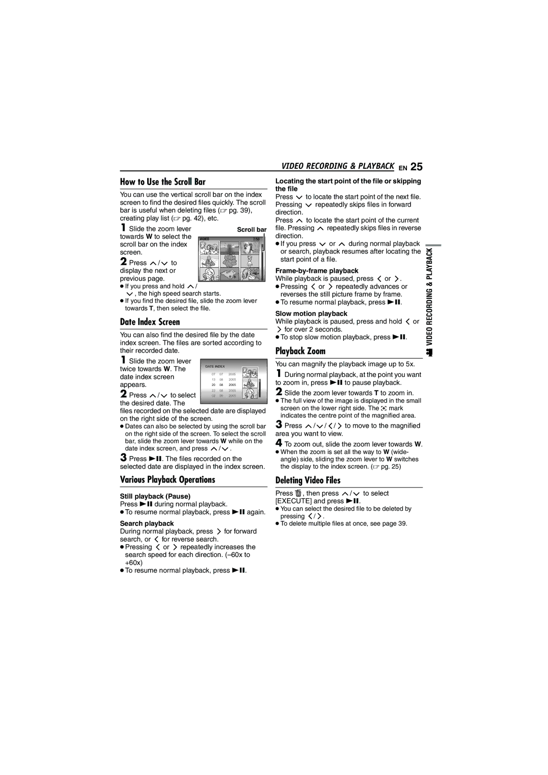 JVC GZ-MG70AS, GZ-MG70AA, GZ-MG70AH, GZ-MG70AG, LYT1496-001A manual How to Use the Scroll Bar, Date Index Screen, Playback Zoom 