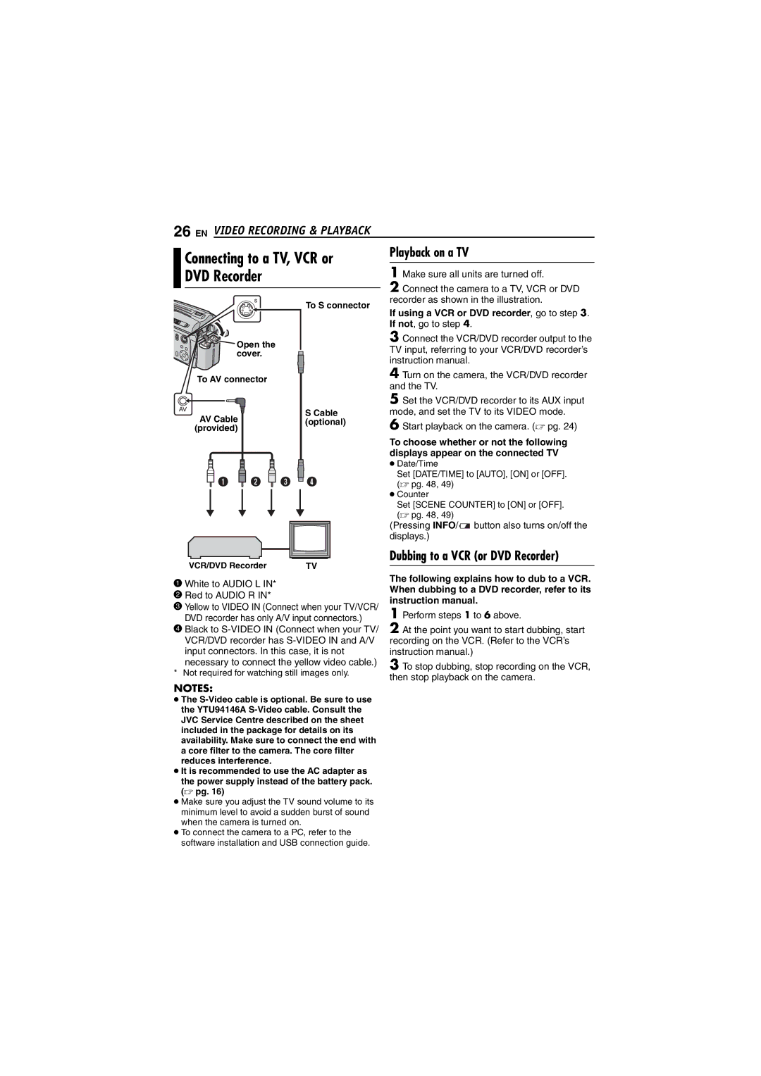 JVC GZ-MG70AA, GZ-MG70AS, GZ-MG70AH manual Connecting to a TV, VCR or, Playback on a TV, Dubbing to a VCR or DVD Recorder 