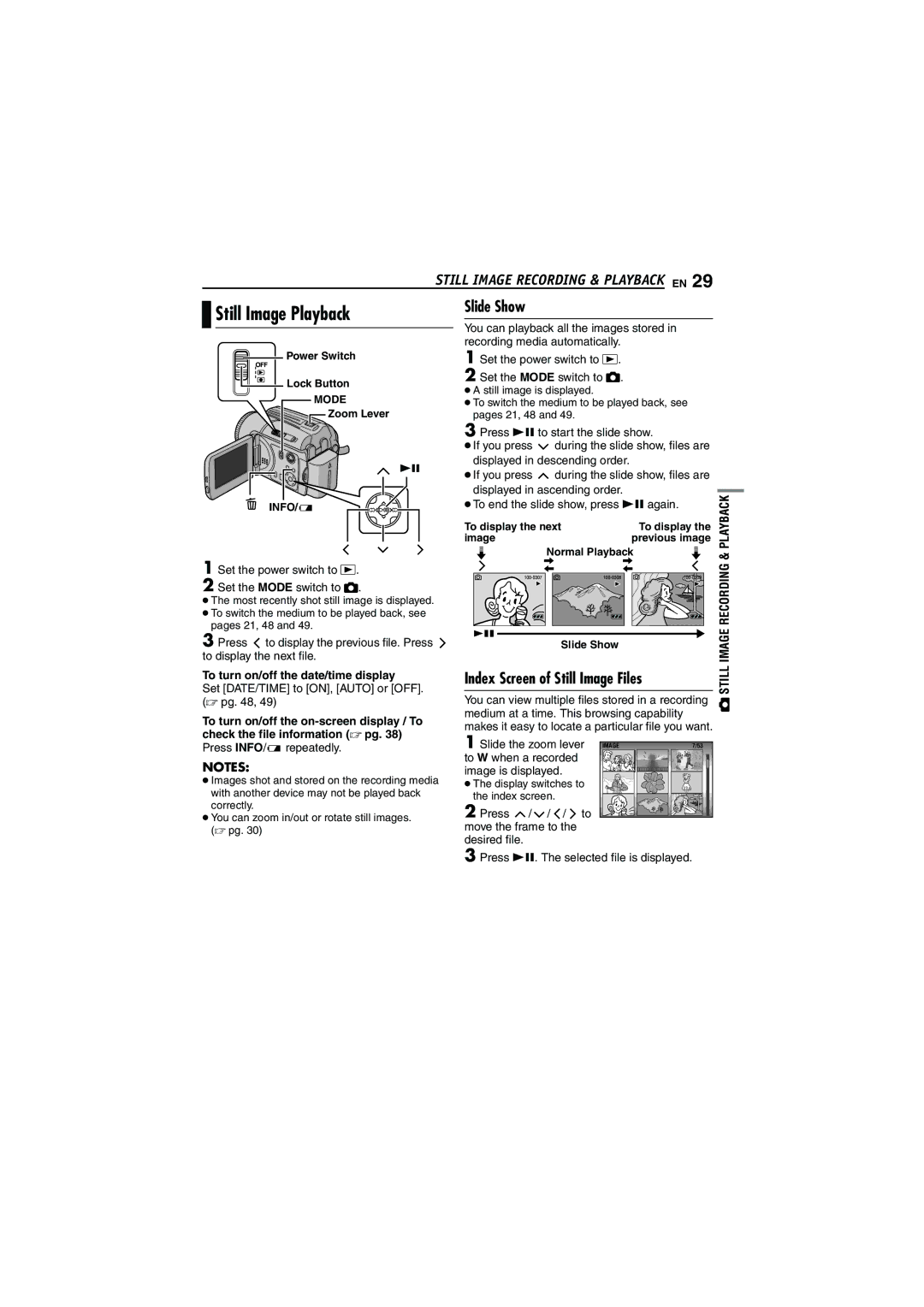 JVC LYT1496-001A Still Image Playback, Slide Show, Index Screen of Still Image Files, To turn on/off the date/time display 