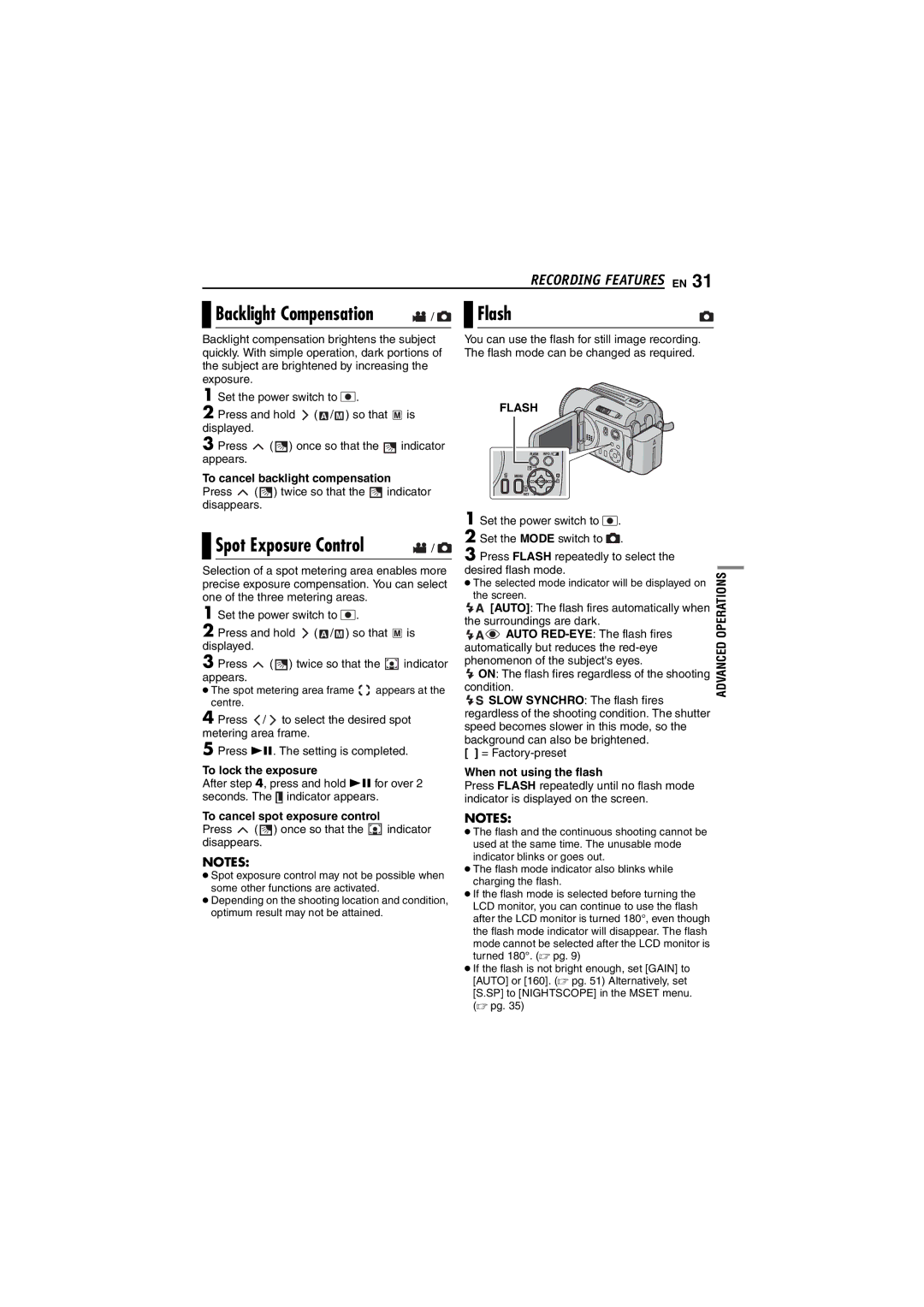 JVC GZ-MG70AA, GZ-MG70AS, GZ-MG70AH, GZ-MG70AG, LYT1496-001A manual Backlight Compensation, Spot Exposure Control 