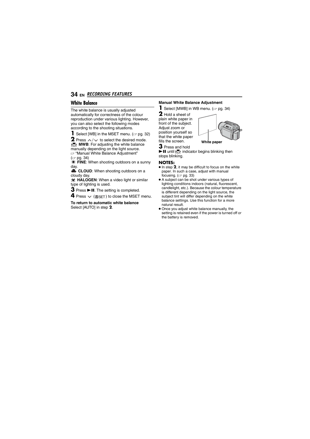 JVC LYT1496-001A manual Cloud When shooting outdoors on a, Halogen When a video light or similar, Type of lighting is used 