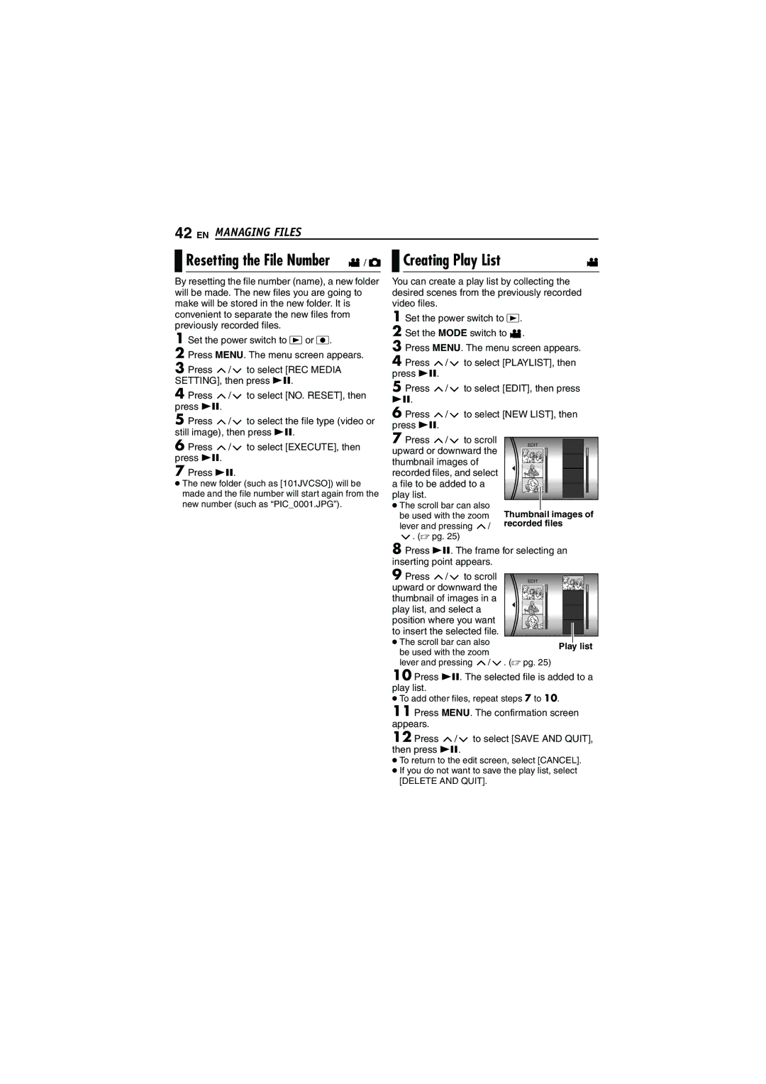 JVC GZ-MG70AH, GZ-MG70AS, GZ-MG70AA, GZ-MG70AG, LYT1496-001A manual Resetting the File Number, Creating Play List 